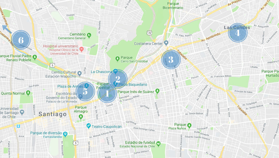Mapa Santiago Chile - Onde ficar - Melhores Bairros